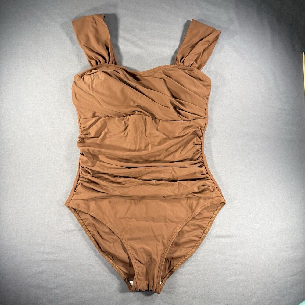 VECENEY Tummy Control Ruched Square Neck One Piece Swimsuit Brown Medium EUC